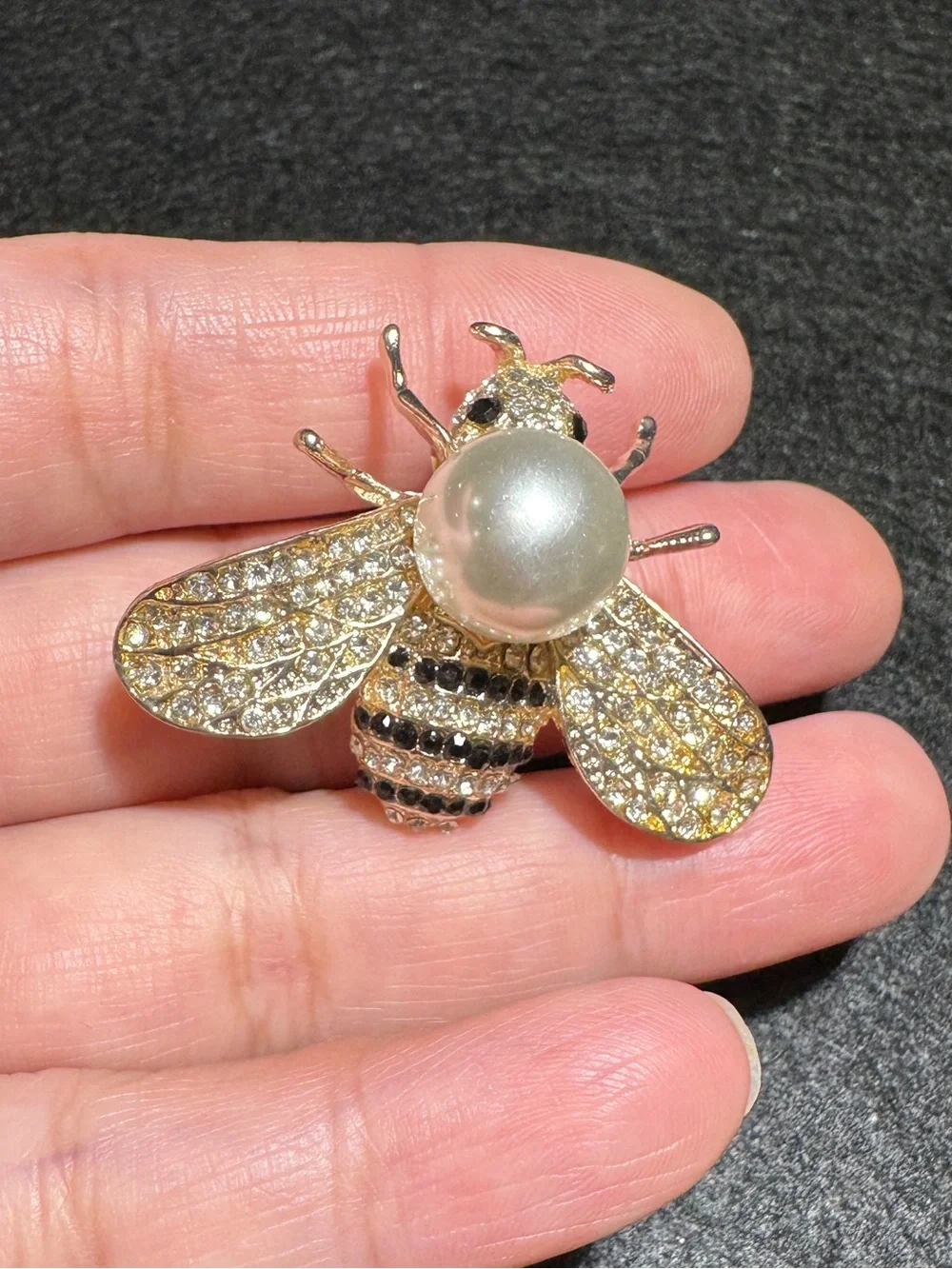Gold Bee Brooch with Pearl Accent and Clear/Black Crystals